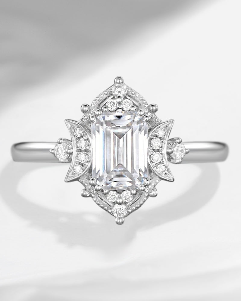 Crescent moon | Vintage Style  Emerald Cut Moissanite Engagement Ring