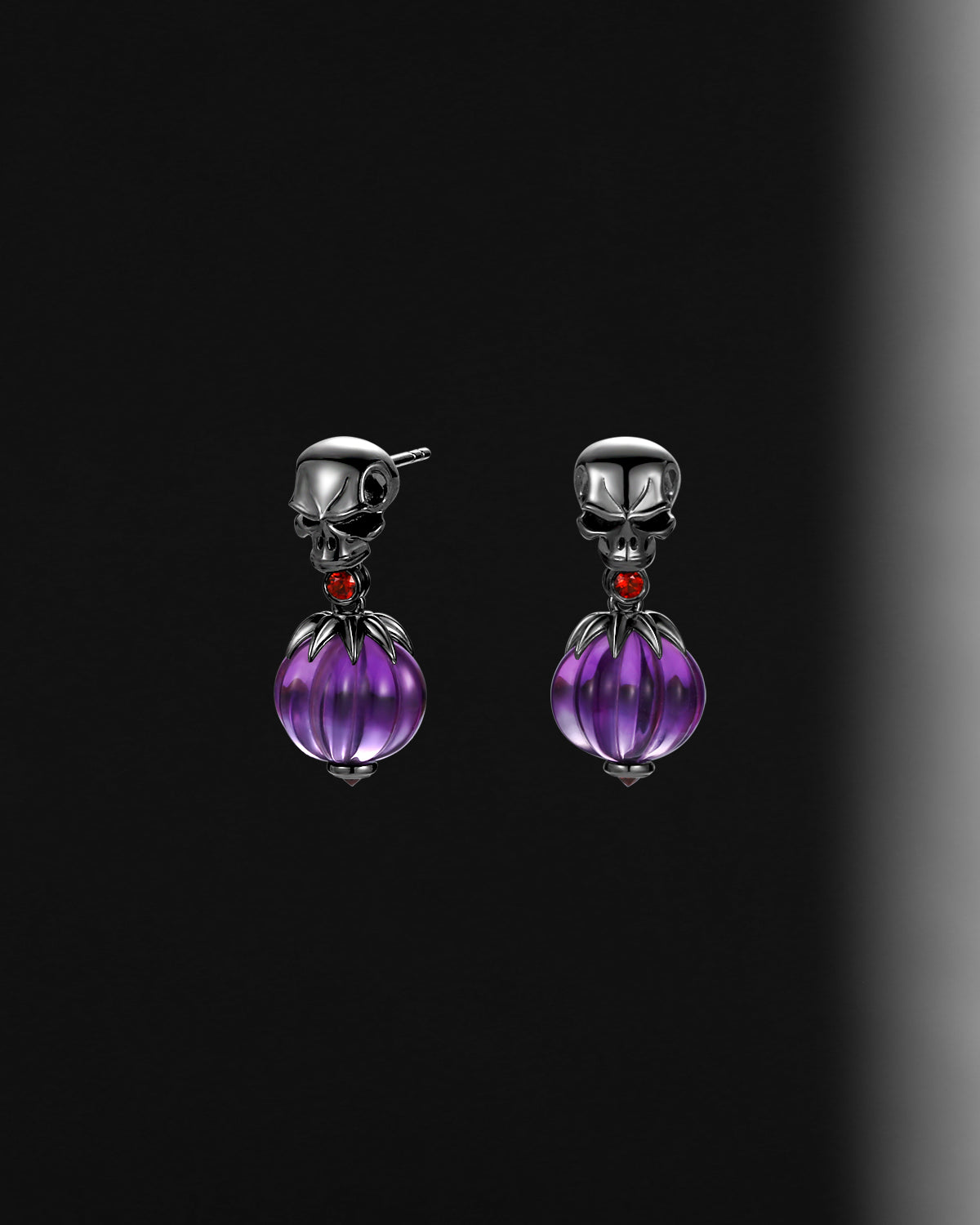 Amethyst Gemstone Jewelry Gothic Skull & Pumpkin Shaped Halloween Stud Earrings