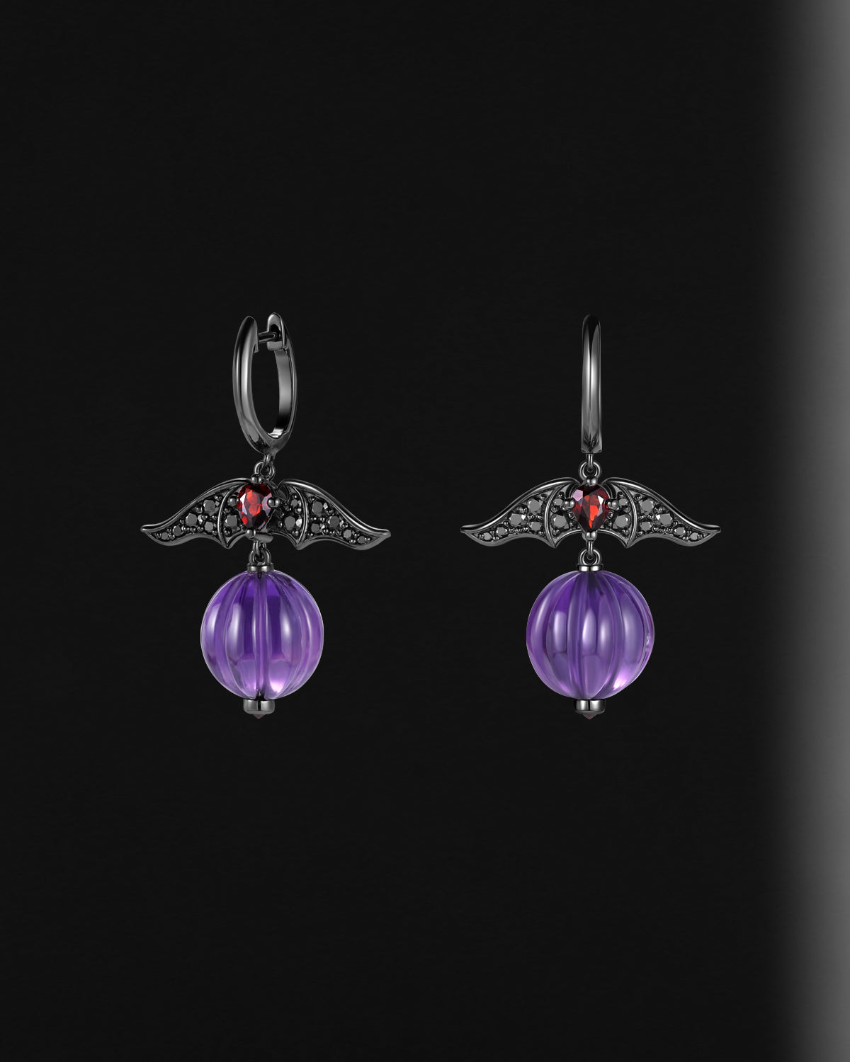 Amethyst Gothic Bat & Pumpkin Shaped Halloween Stud Earrings