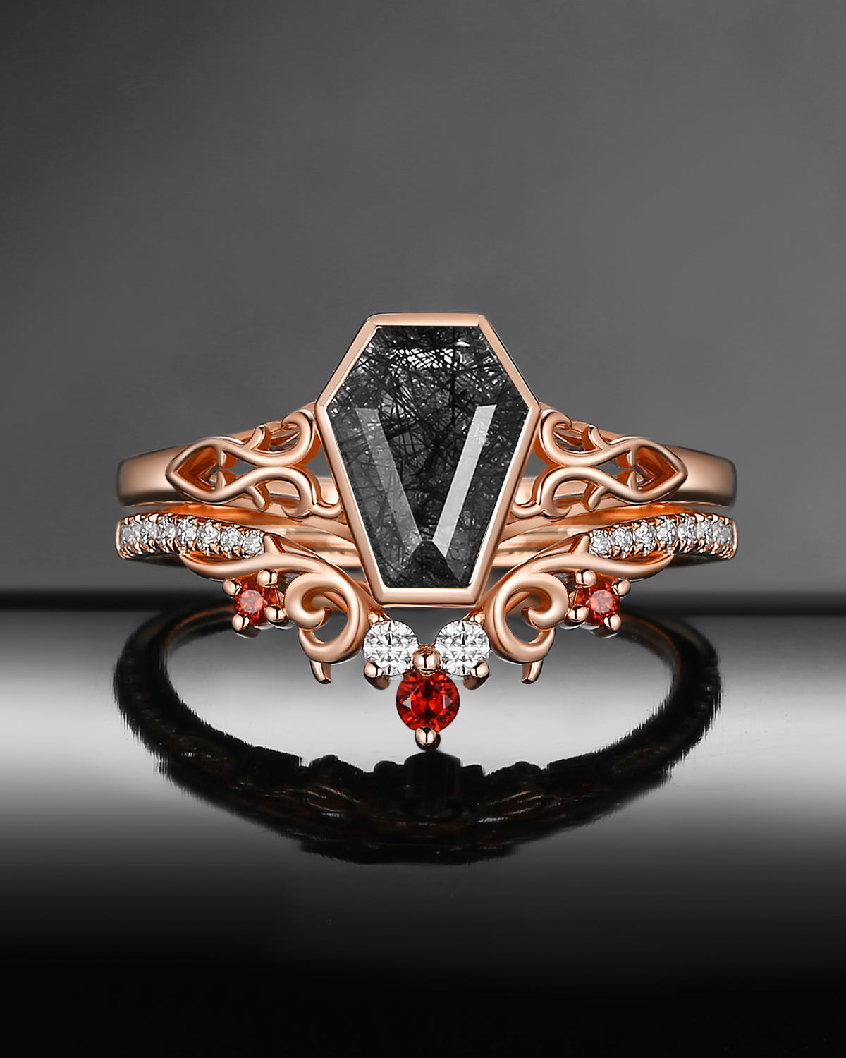 Antique Art Deco Coffin Cut Black Rutilated Quartz 'Thorns & Roses' Engagement Ring Set 2pcs