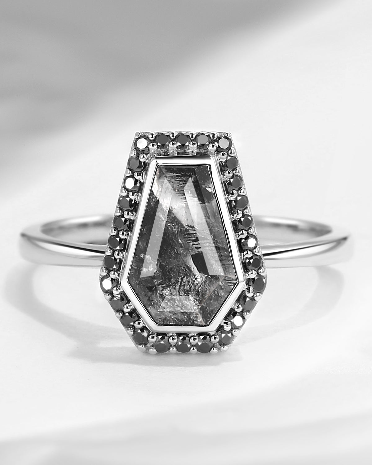 Antique Coffin Cut Herkimer Diamond Gothic Halo Engagement Ring - Goth Girl