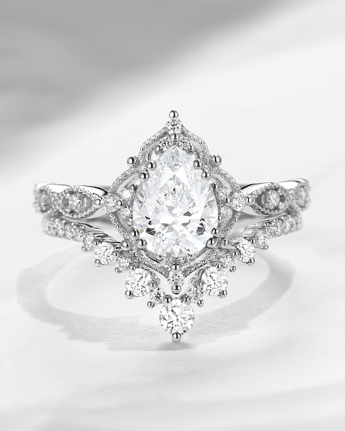 Antique Pear Cut Lab Diamond Engagement Ring Set 2pcs