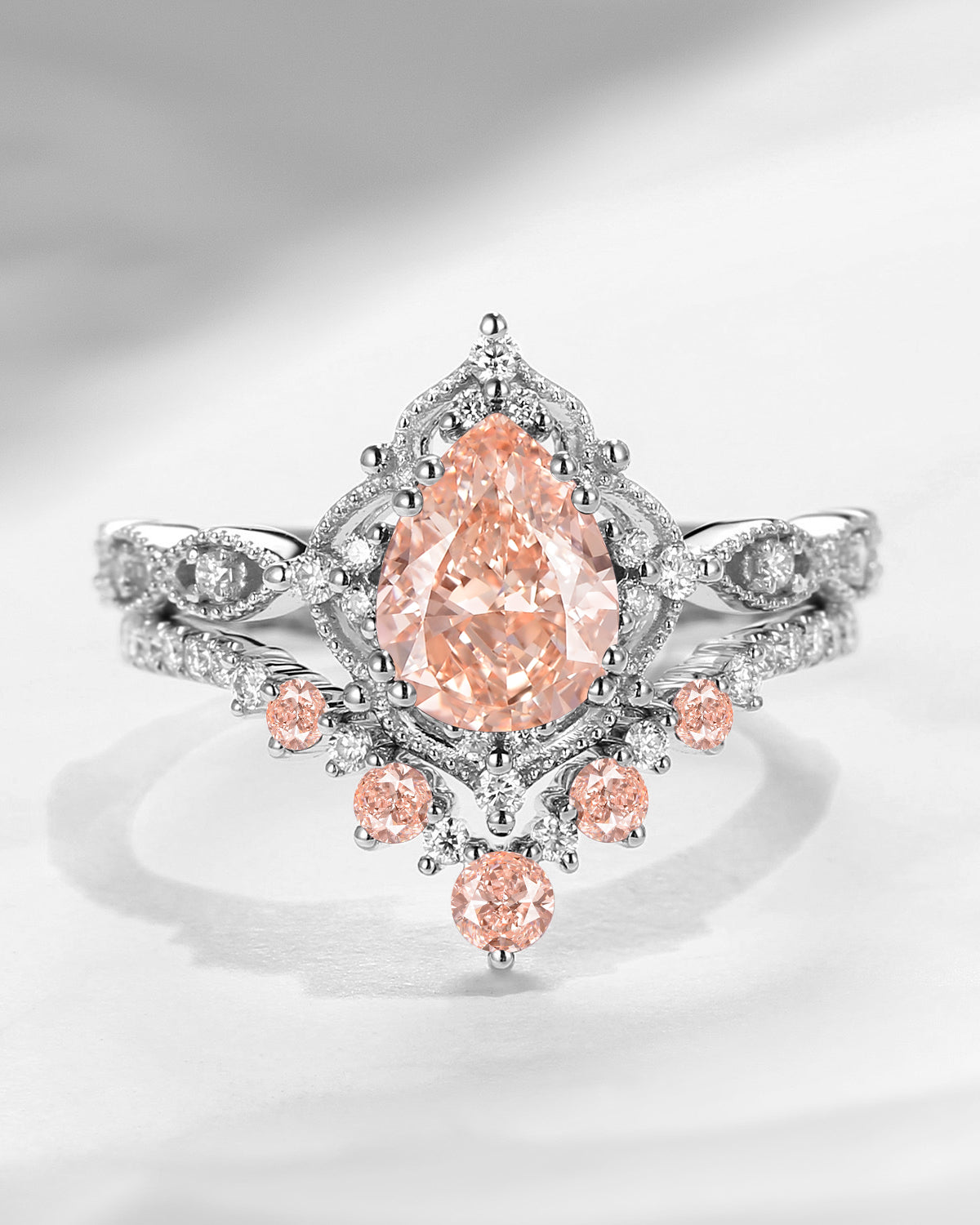 Antique Pear Cut Pink Lab Diamond Engagement Ring 2pcs