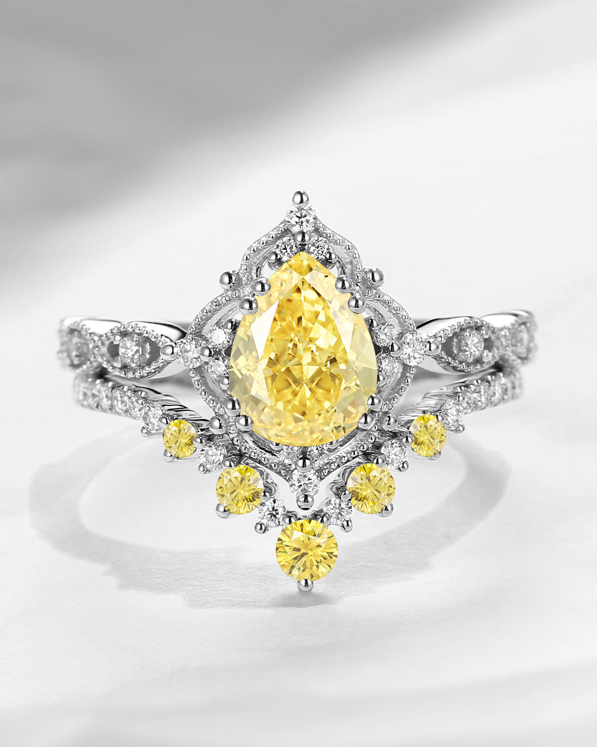 Antique Pear Cut Yellow Lab Diamond Engagement Ring 2pcs