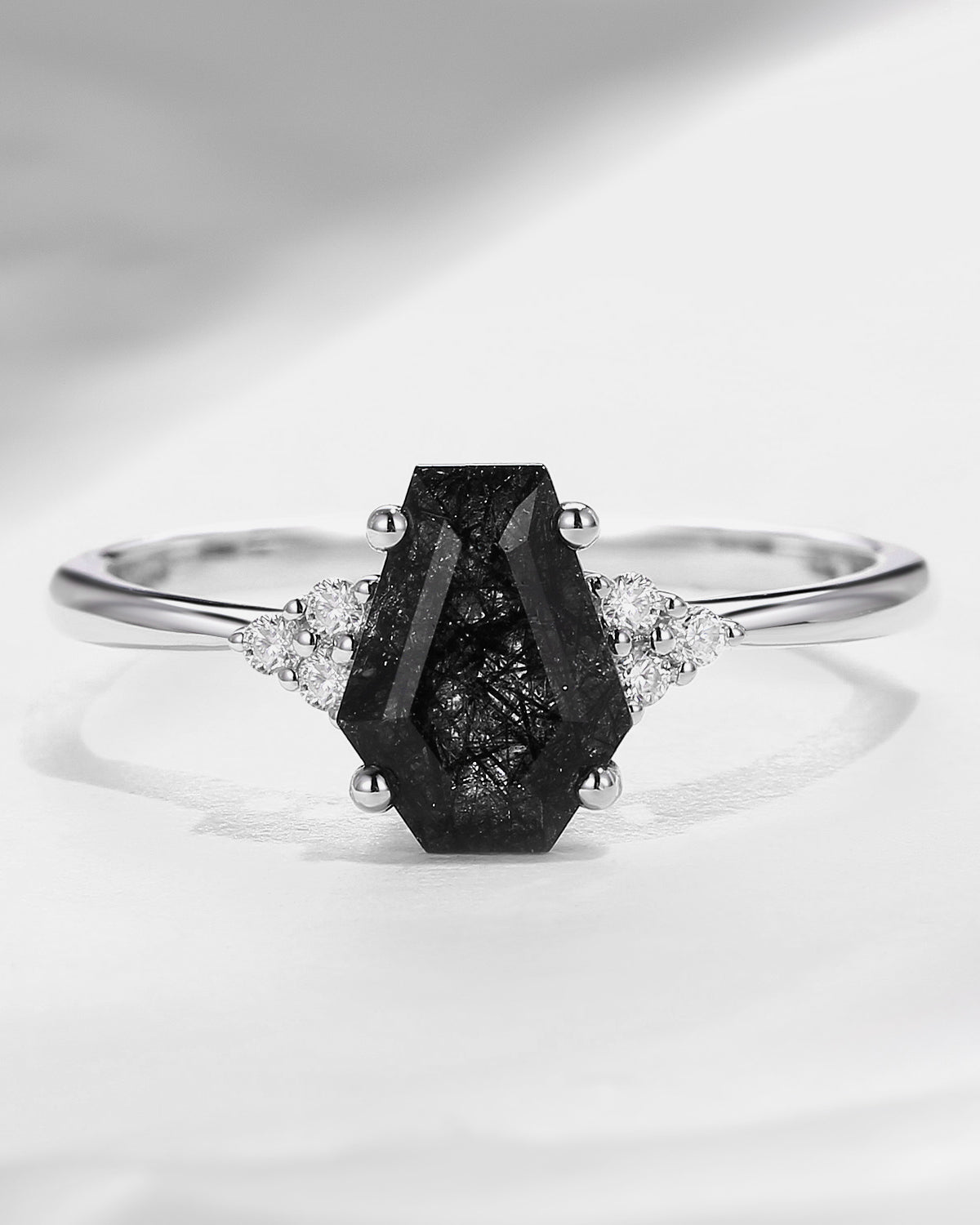 Classic Coffin Shaped Black Rutilated Quartz Engagement Ring