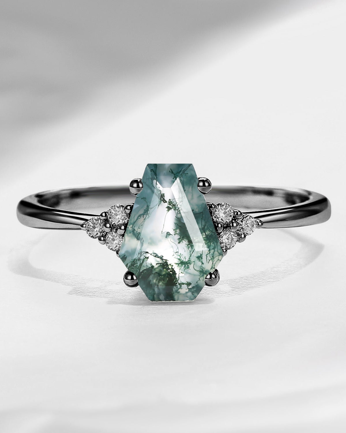 Classic Coffin Shaped Moss Agate Cluster Black Gold Engagement Ring