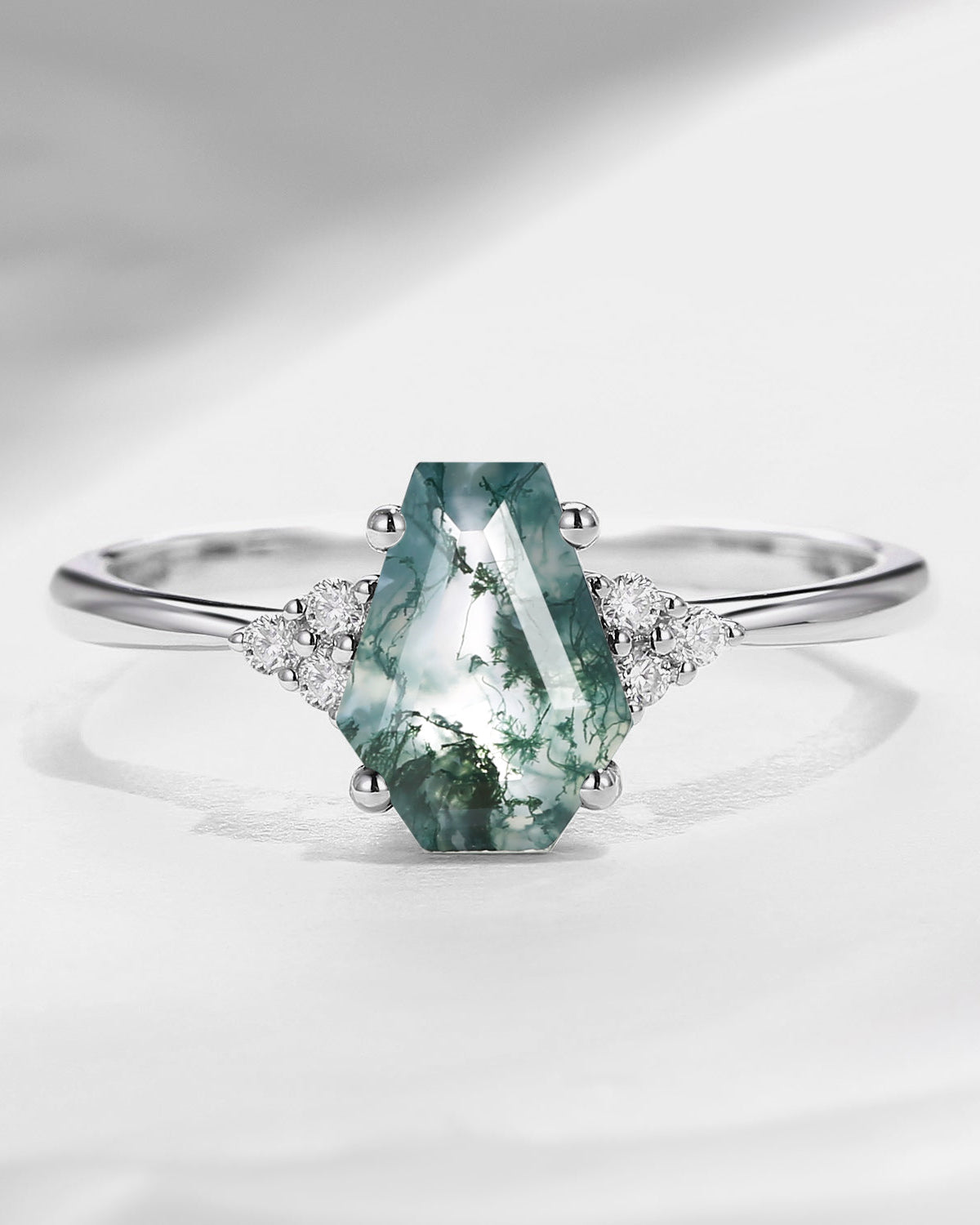 Classic Coffin Shaped Moss Agate Cluster Engagement Ring