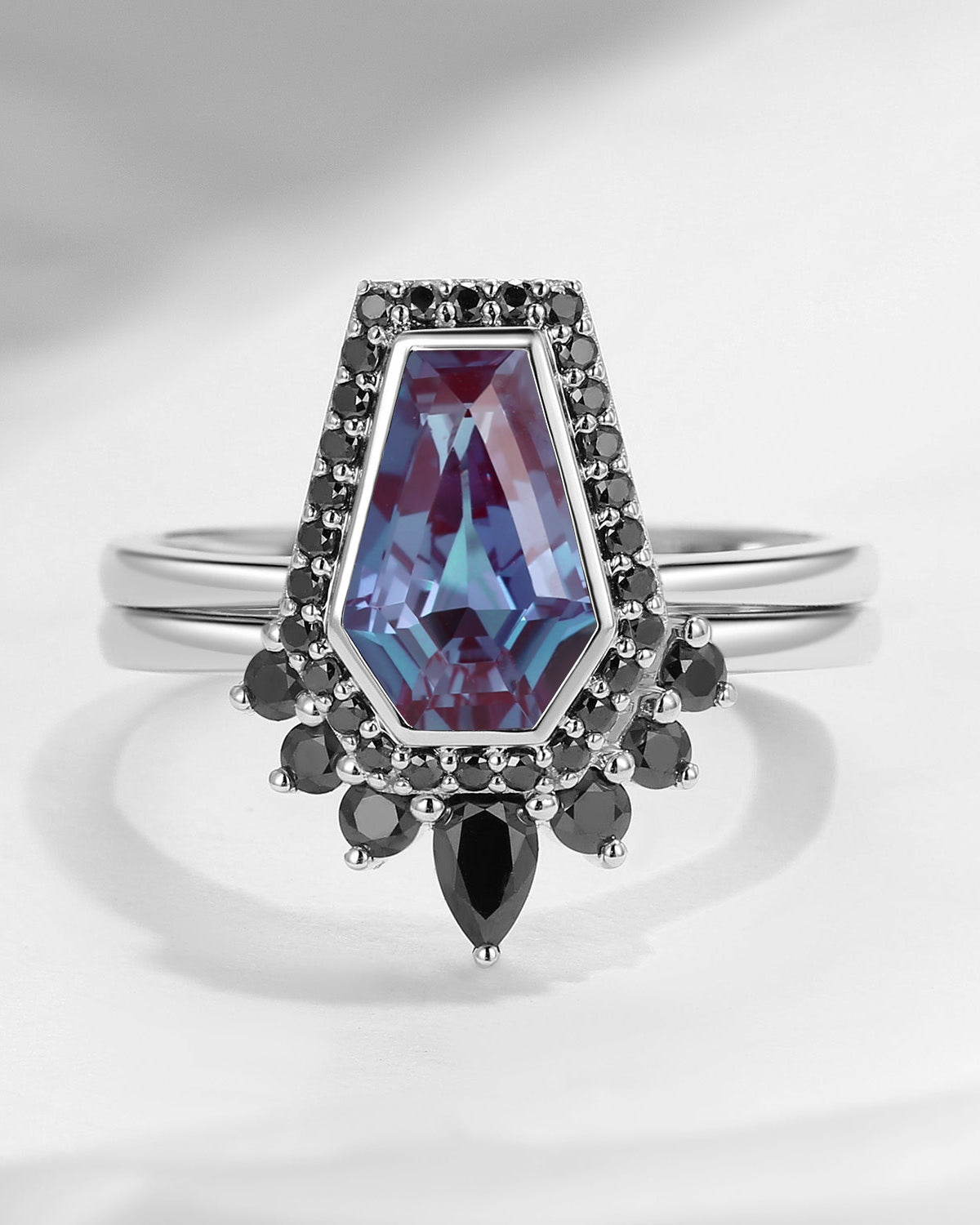 Coffin Cut Lab Alexandrite Engagement Ring Set 2pcs