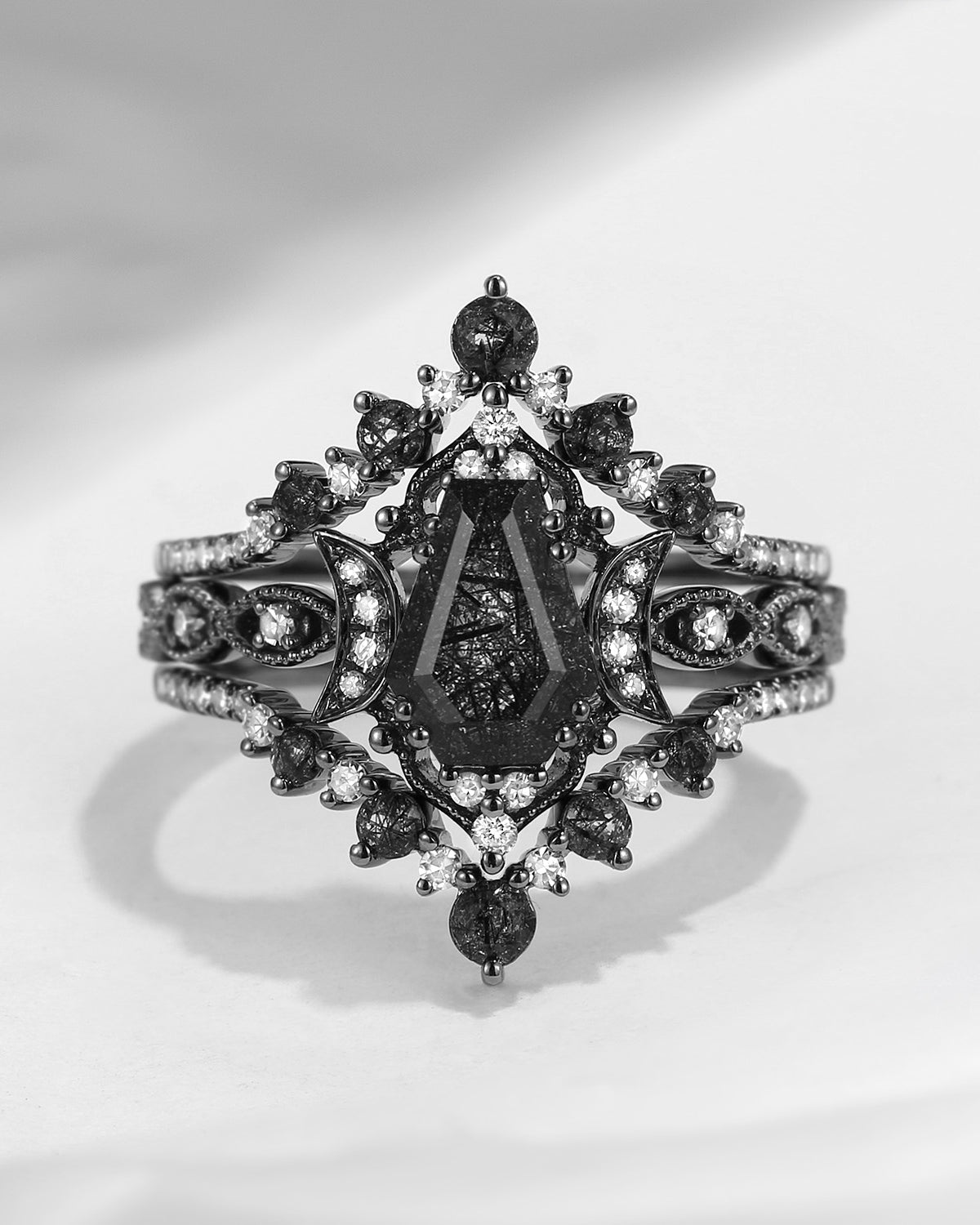 Crescent Moon | Coffin Cut Black Rutilated Quartz 'Black Statement' Ring