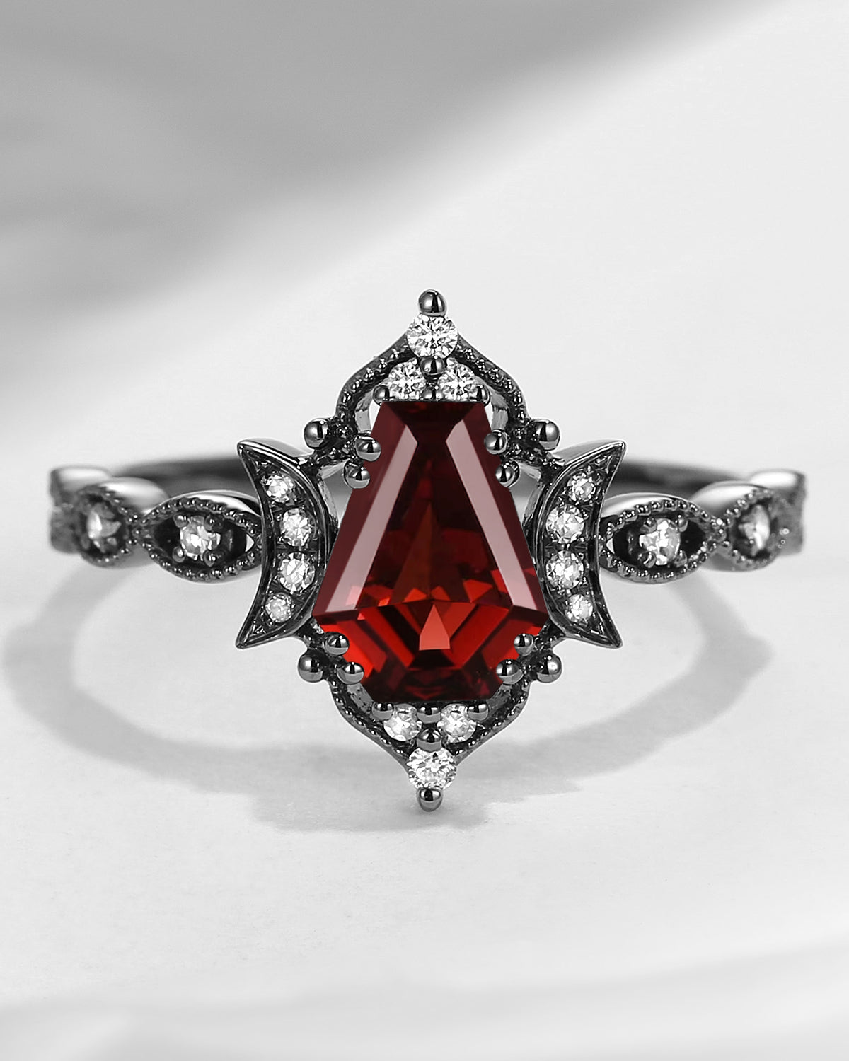 Crescent Moon | Coffin Cut Garnet Black Gold 'Black Statement' Ring