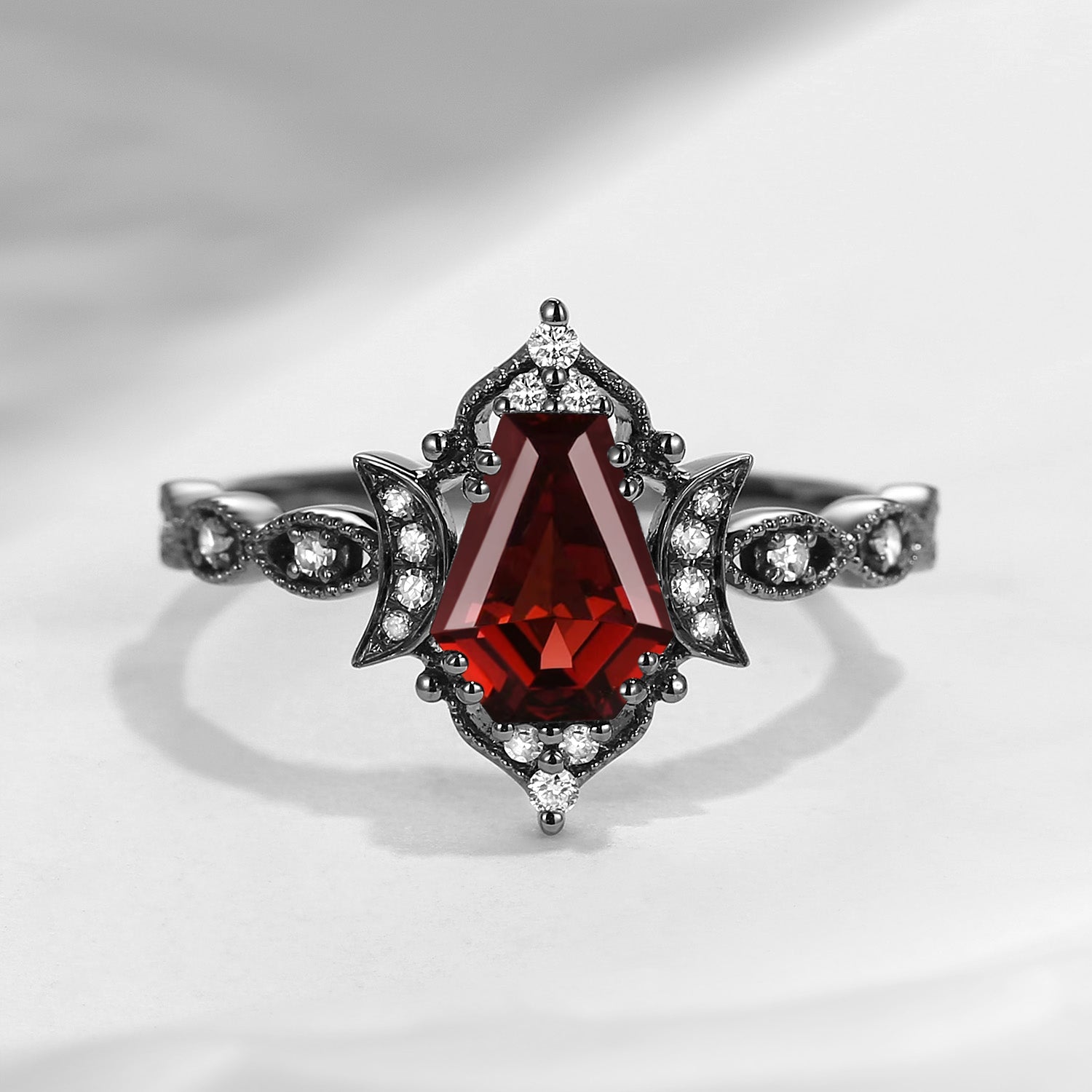 Crescent Moon | Coffin Cut Garnet Black Gold 'Black Statement' Ring