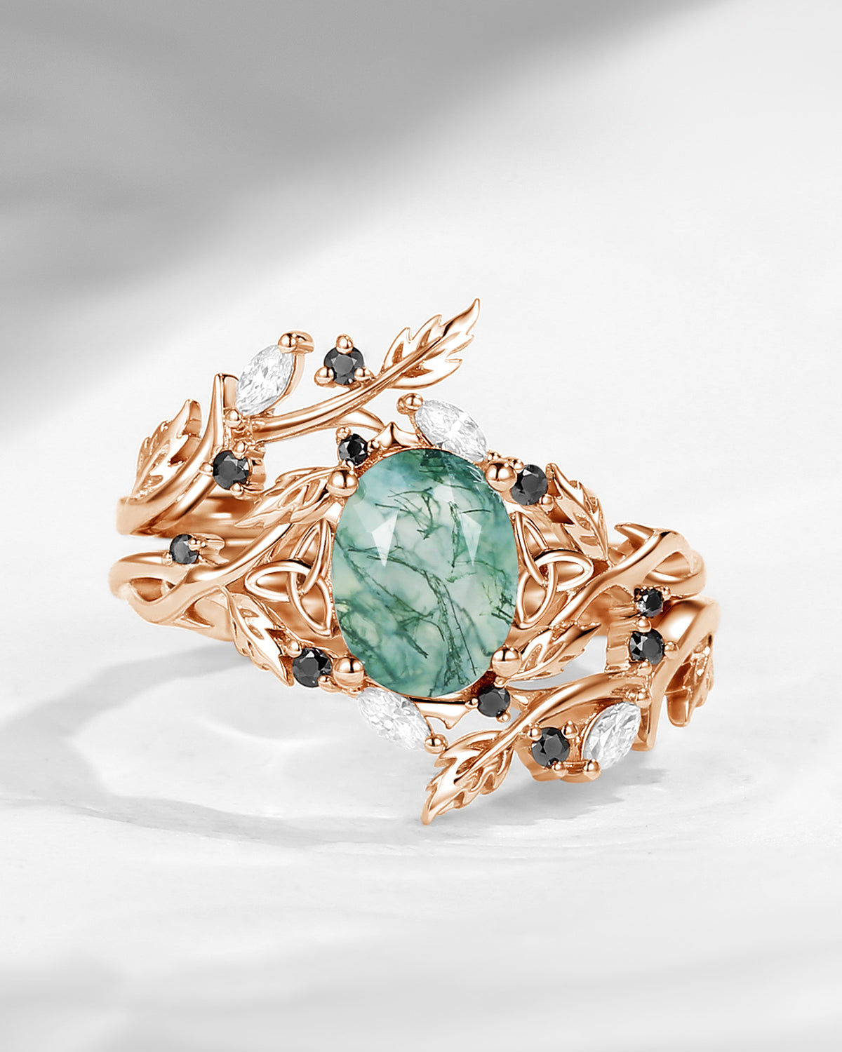Celtic Calender | 3.18-4.14 | Nature Inspired Celtic Twist Oval Cut Moss Agate Alder Leaf Engagement Ring Set 2pcs