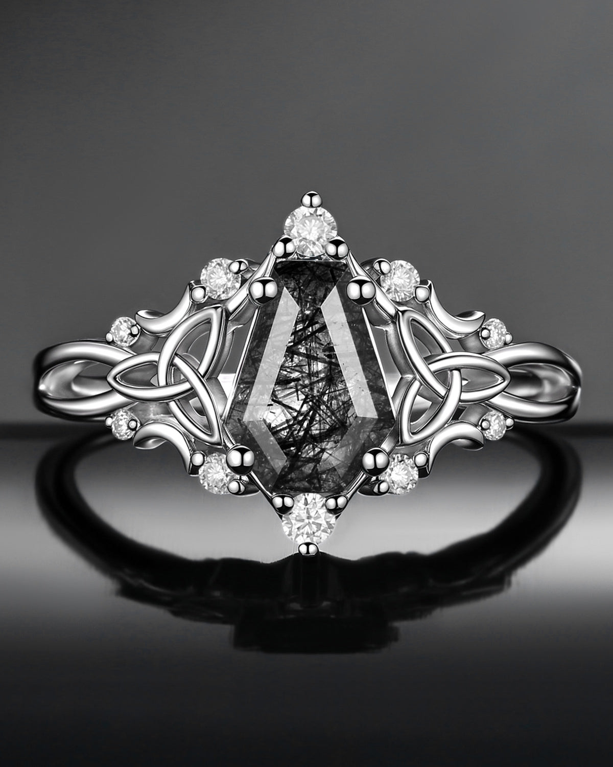 Celtic Moon | Coffin Black Rutilated Quartz Celtic Engagement Ring