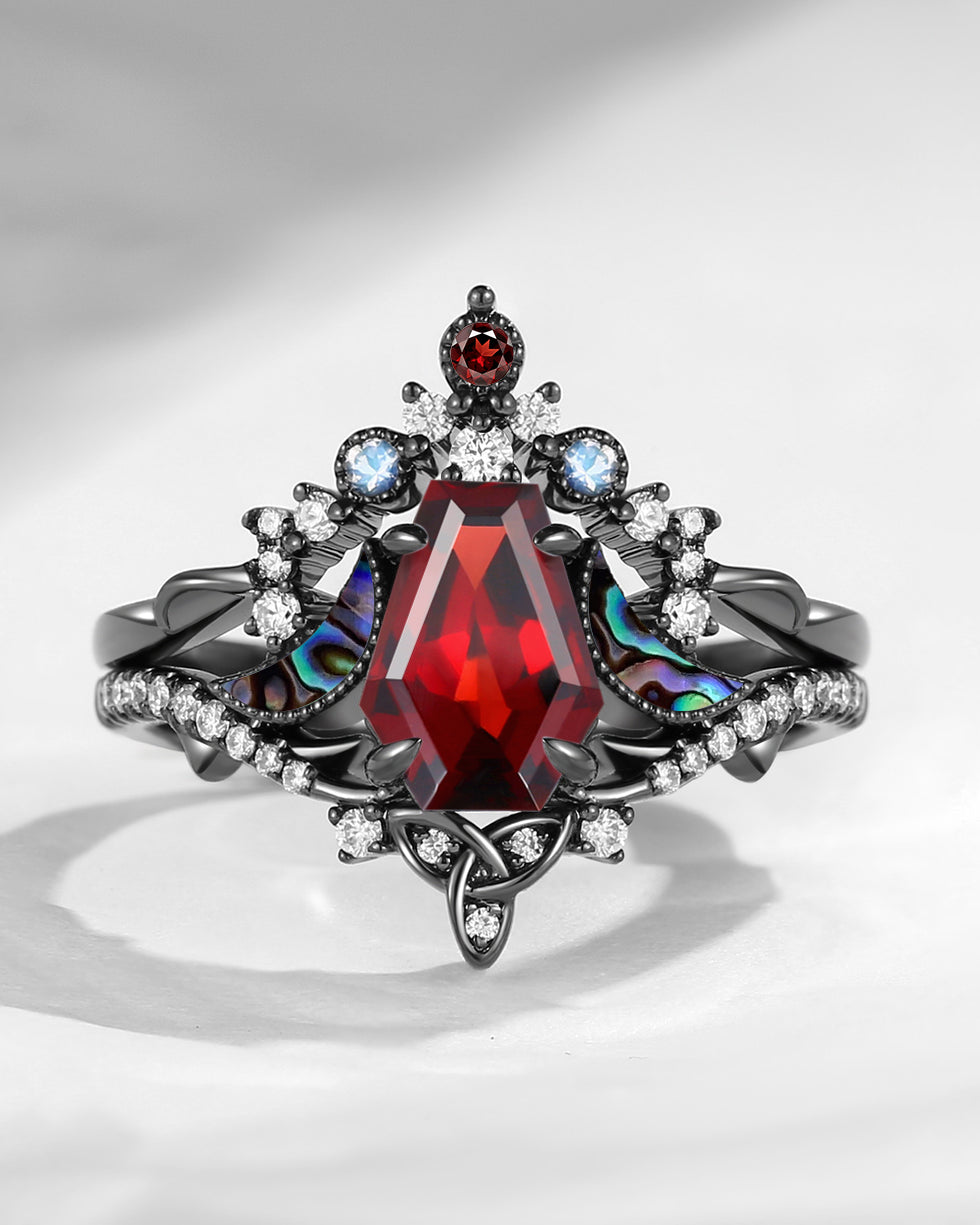 Celtic Moon | Coffin Cut Garnet & Abalone Shell 'Celestial Moon' Celtic Engagement Ring Set 2pcs
