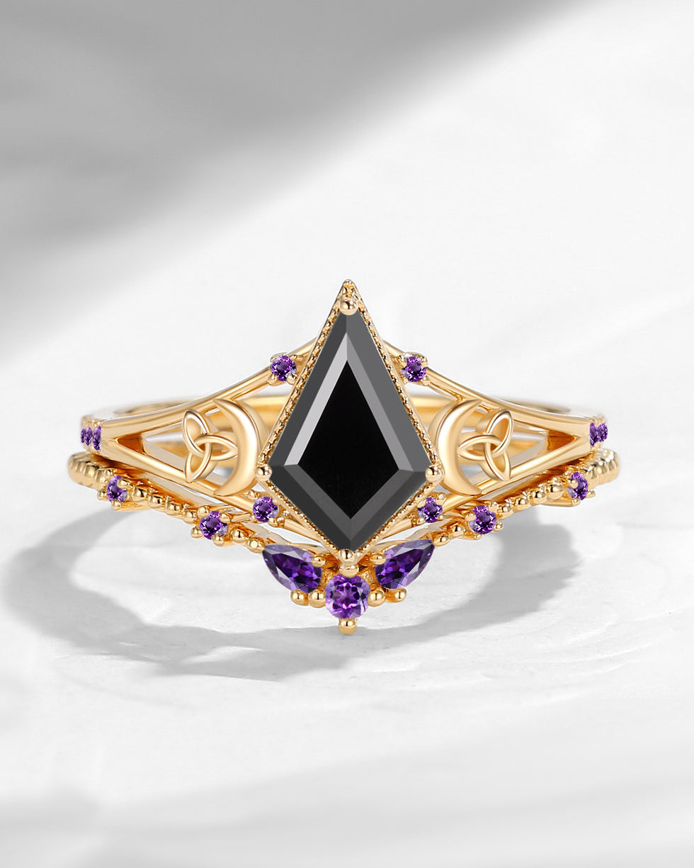 Celtic Moon | Kite Cut Black Moissanite 'Celestial Moon' Split Band Engagement Ring Set 2pcs