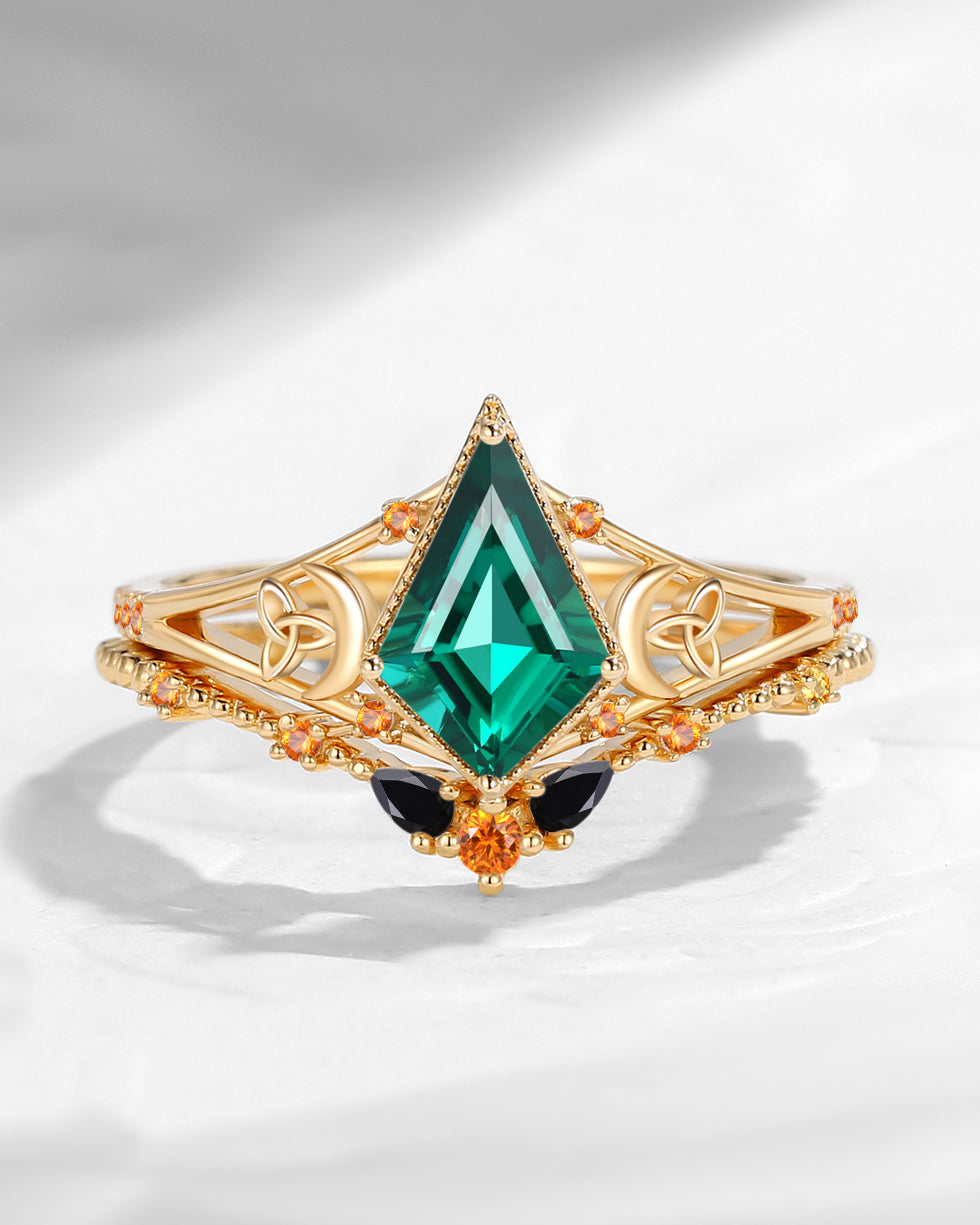 Celtic Moon | Kite Cut Lab Emerald 'Celestial Moon' Split Band Engagement Ring Set 2pcs