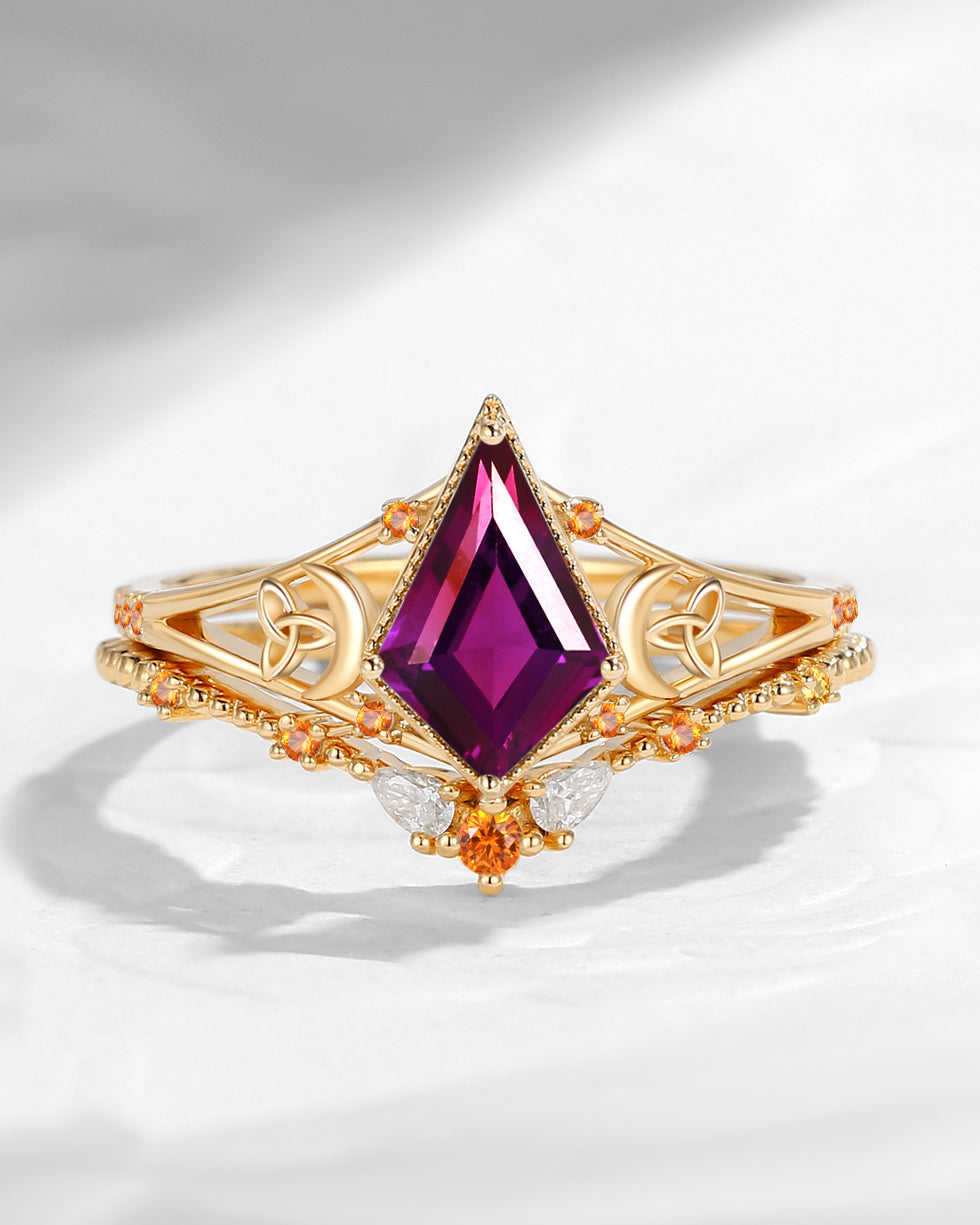 Celtic Moon | Kite Cut Purle Garnet 'Celestial Moon' Split Band Engagement Ring Set 2pcs