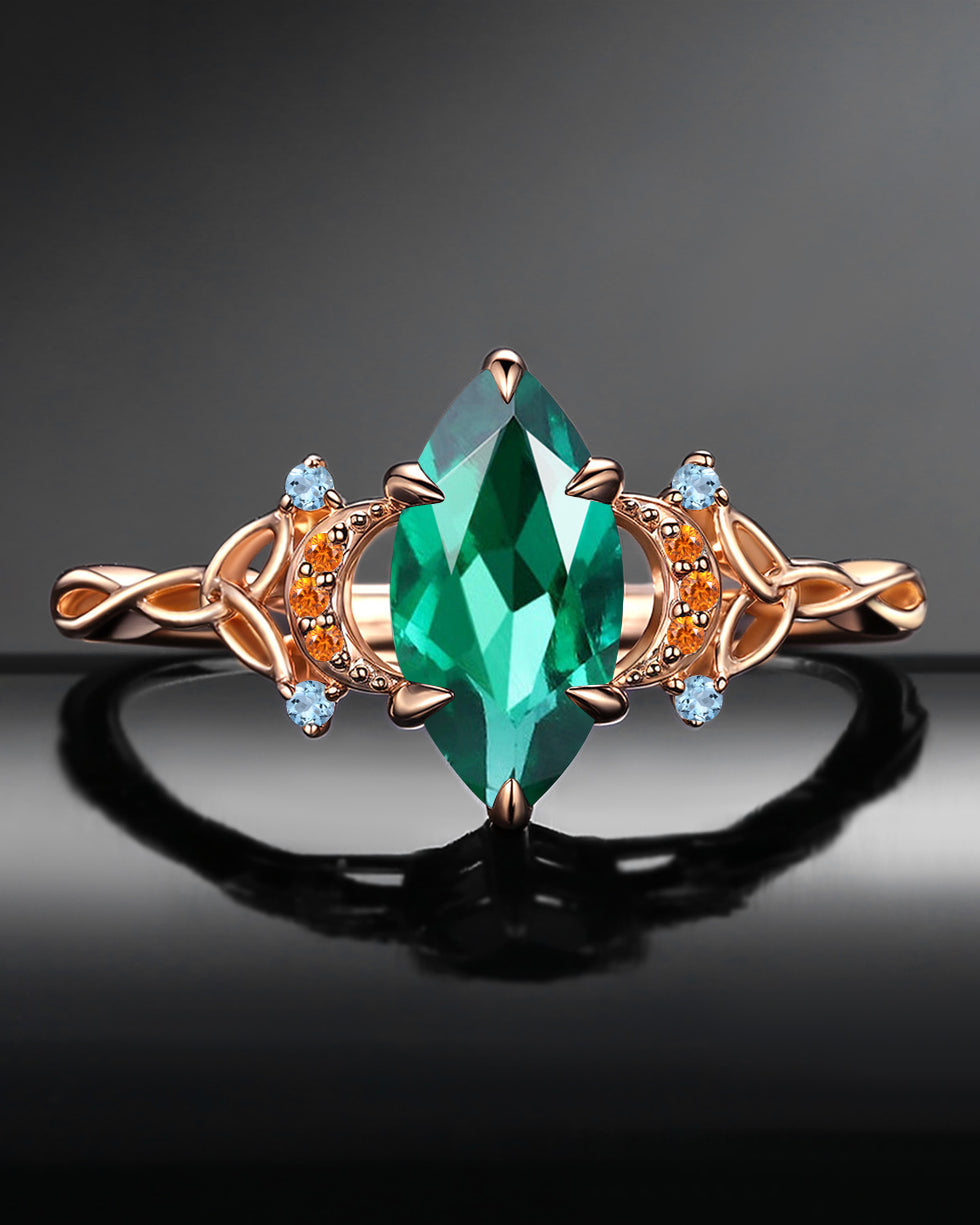 Celtic Moon | Marquise Lab Emerald Twist Engagement Ring
