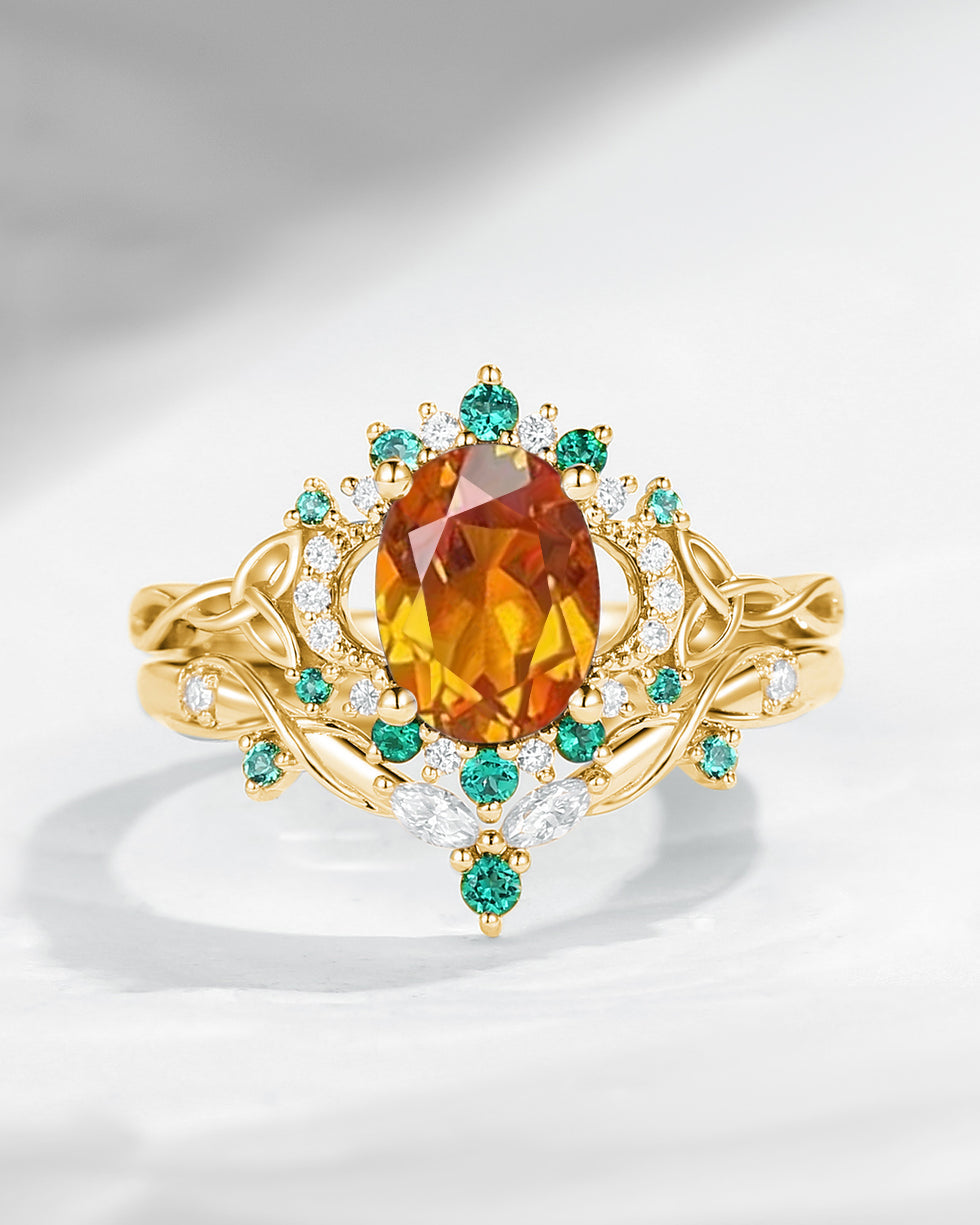 Celtic Moon | Oval Cut Citrine Infinity Celtic Moon Engagement Ring Set 2pcs