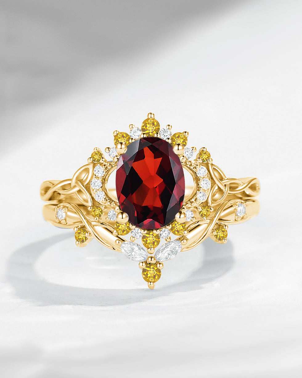 Celtic Moon | Oval Cut Garnet Infinity Celtic Moon Engagement Ring Set 2pcs