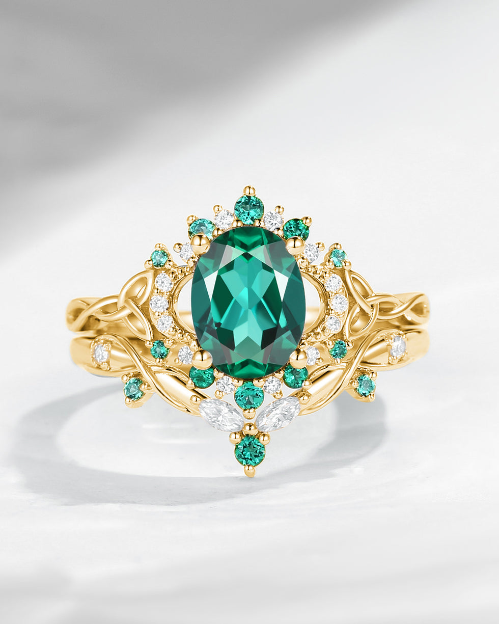 Celtic Moon | Oval Cut Lab Emerald Infinity Celtic Moon Engagement Ring Set 2pcs