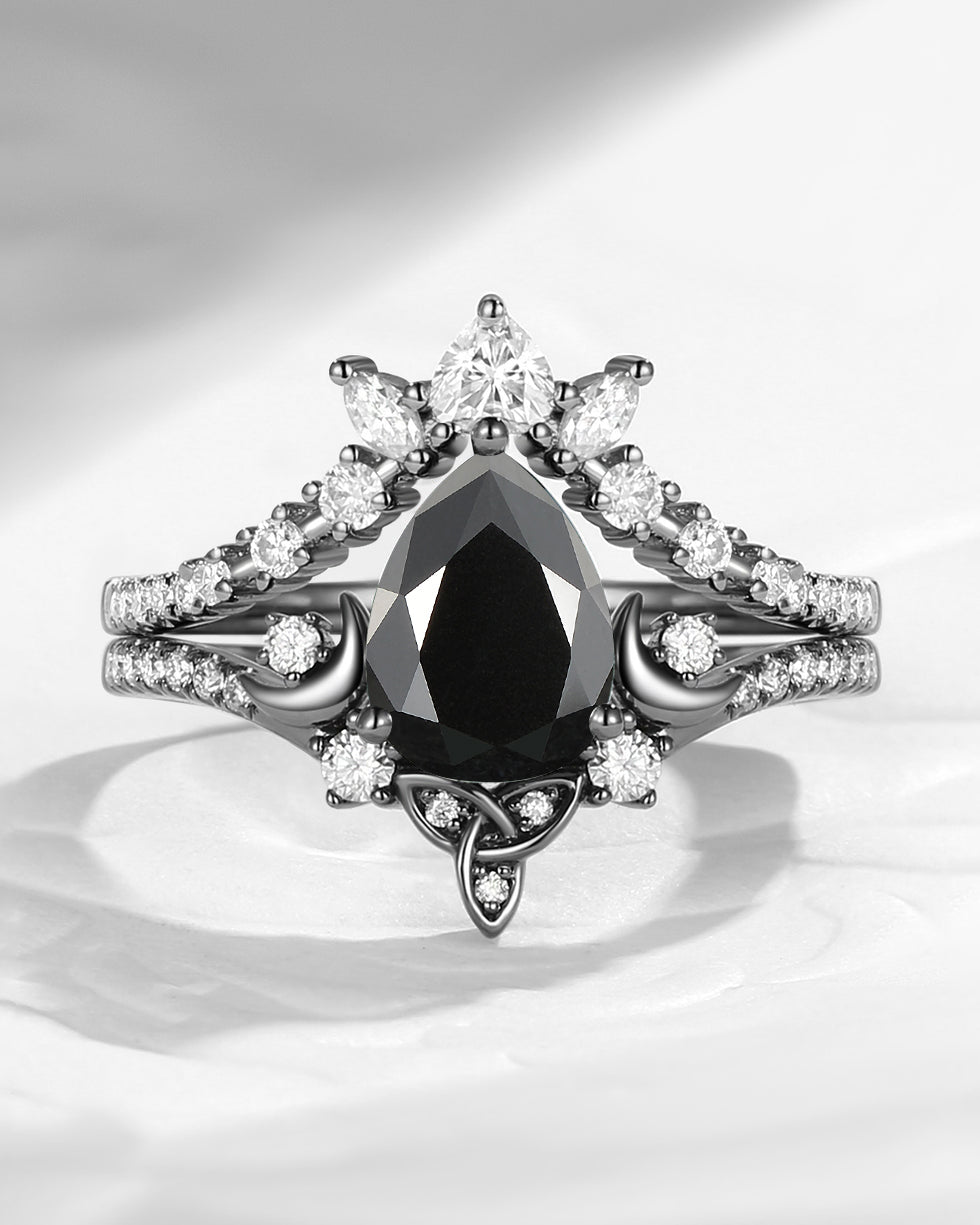 Celtic Moon | Pear Cut Black Moissanite 'Celestial Moon' Celtic Engagement Ring Set 2pcs