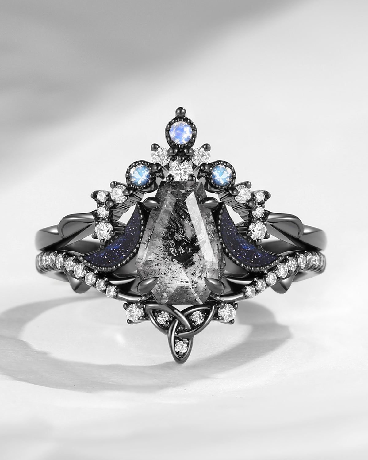 Celtic Moon | Unique Coffin Cut Herkimer Diamond 'Celestial Moon' Celtic Engagement Ring Set 2pcs