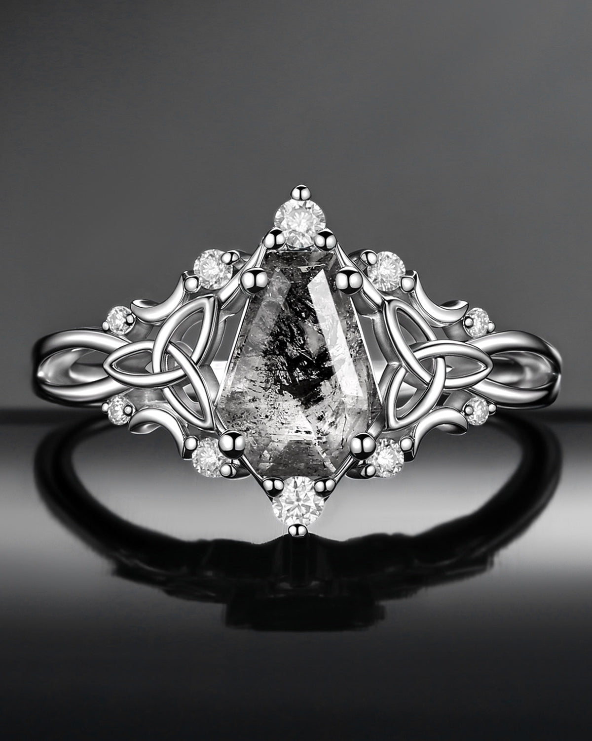 Celtic Moon | Unique Coffin Cut Herkimer Diamond Celtic Engagement Ring