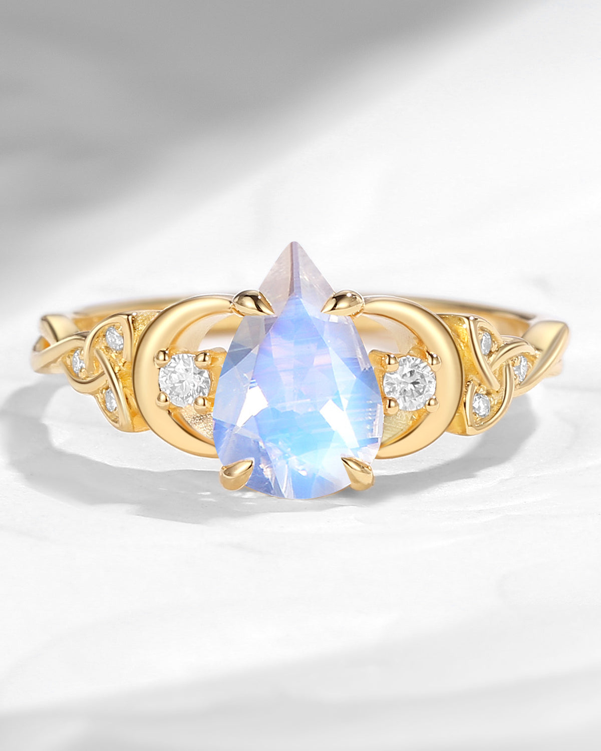 Celtic Moon | Unique Four Prongs Pear Cut Moonstone Infinity Twist Engagement Ring
