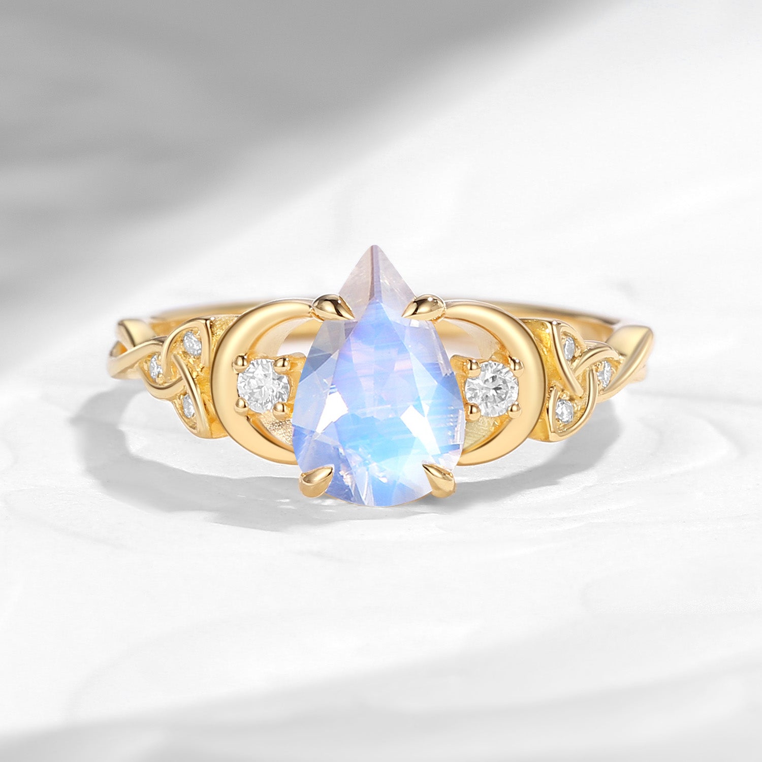Celtic Moon | Unique Four Prongs Pear Cut Moonstone Infinity Twist Engagement Ring