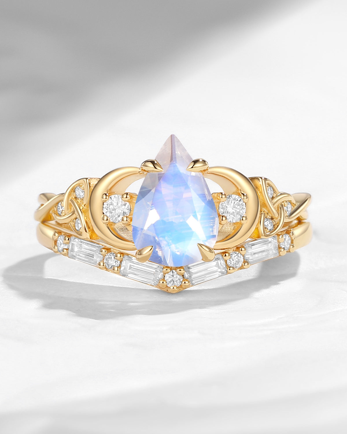 Celtic Moon | Unique Four Prongs Pear Cut Moonstone Infinity Twist Engagement Ring Set Bridal Set 2pcs