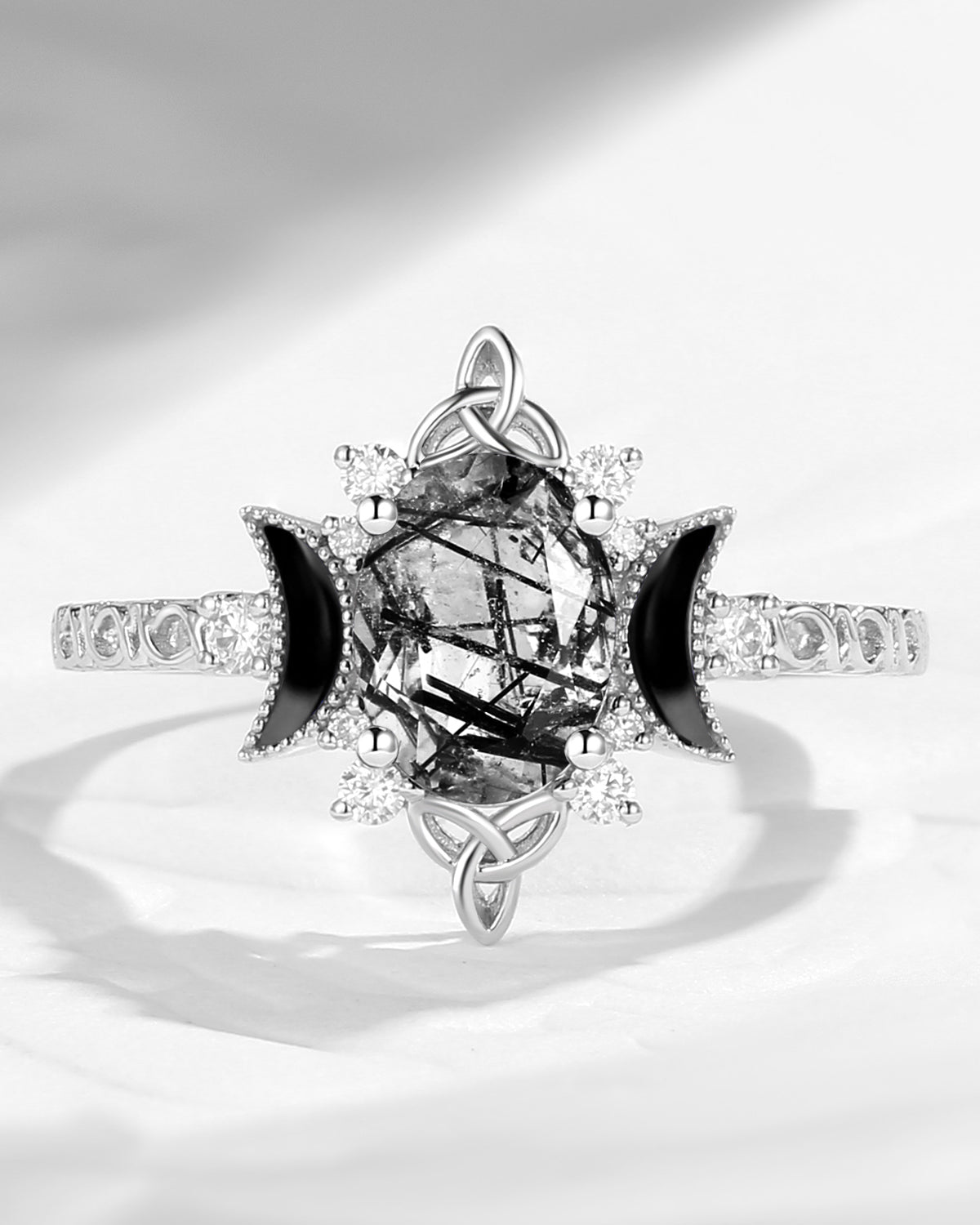 Celtic Moon | Vintage Inspired Oval Cut Black Rutilated Quartz Celtic Engagement Ring
