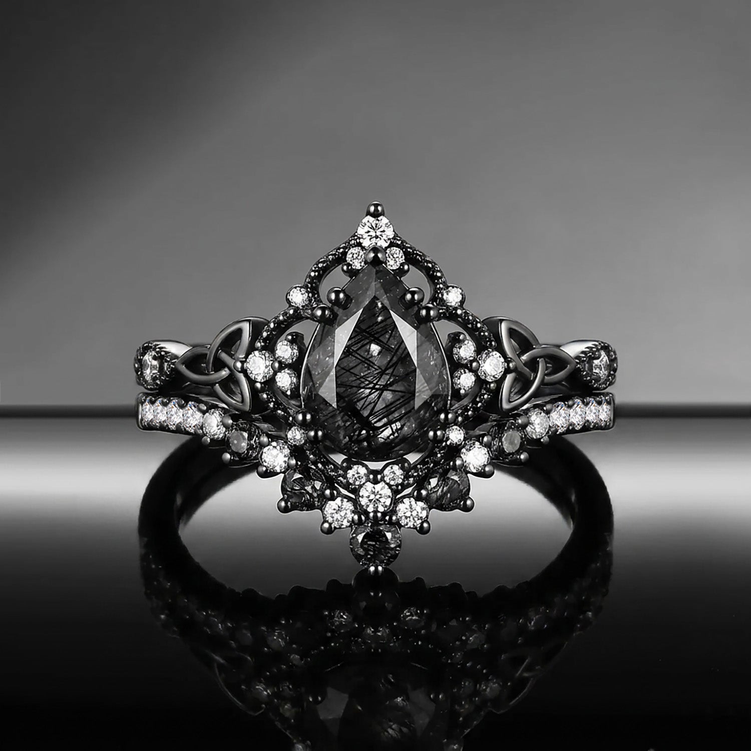 Celtic Rings - Vintage Inspired Pear Cut Black Rutilated Quartz Celtic Engagement Ring Set with Milgrain Detailing