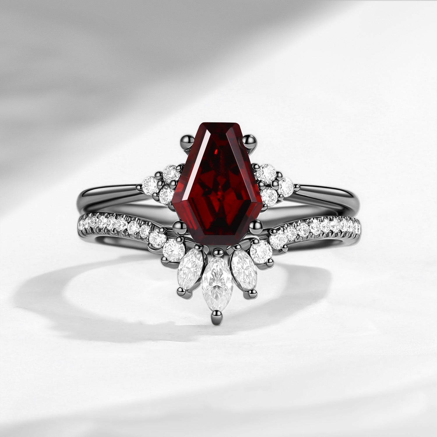 Classic Coffin Cut Garnet Engagement Set 2pcs - White Dress