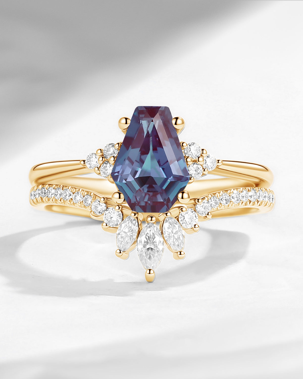 Classic Coffin Cut Lab Alexandrite Engagement Set 2pcs - White Dress