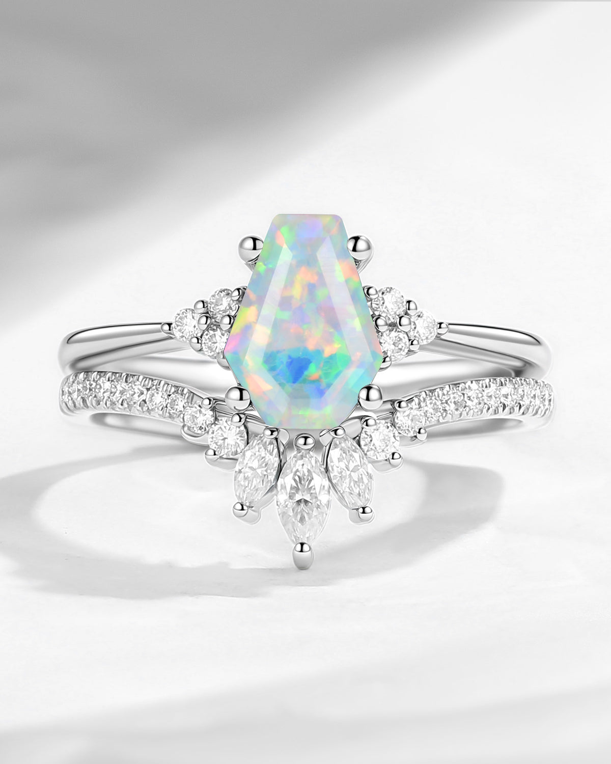 Classic Coffin Cut Lab Opal Engagement Set 2pcs - White Dress