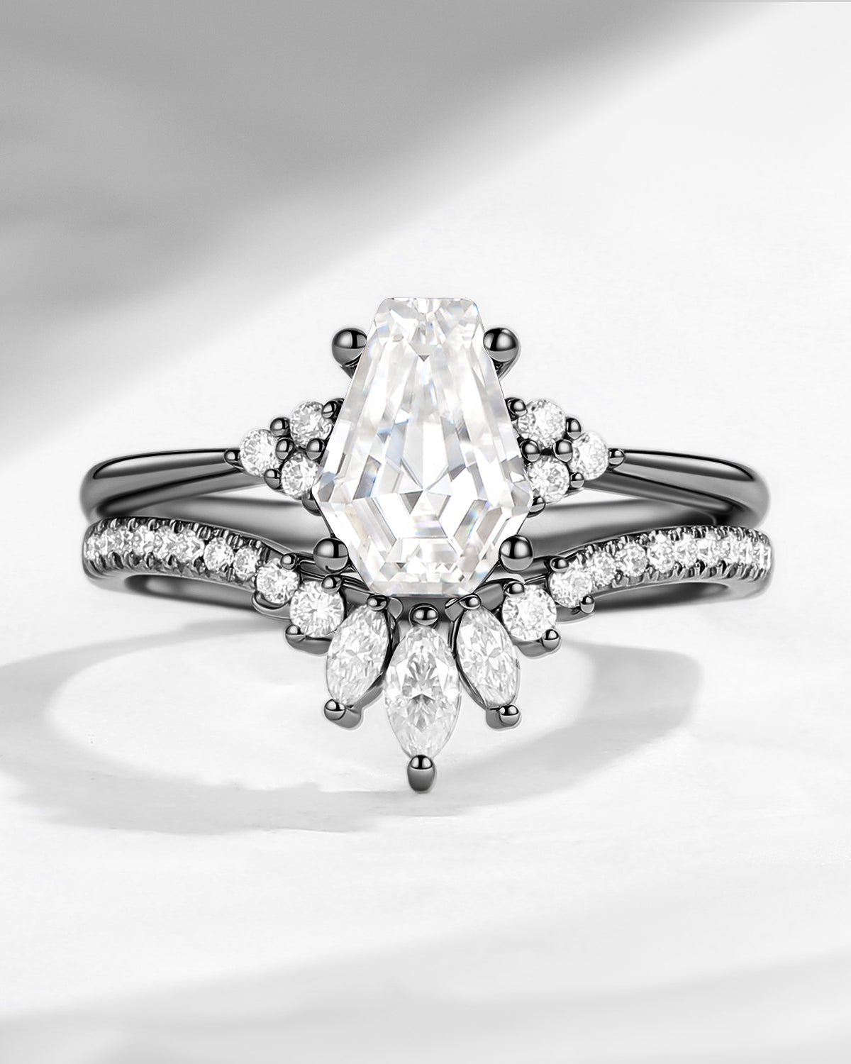 Classic Coffin Cut Moissanite Black Gold Engagement Set 2pcs - White Dress