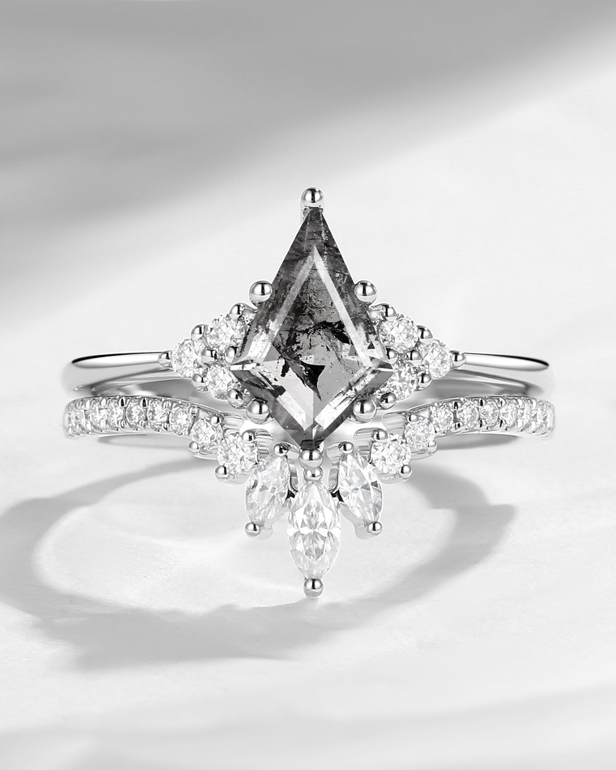 Classic Kite Cut Herkimer Diamond Cluster Engagement Ring Bridal Set 2pcs - Electra