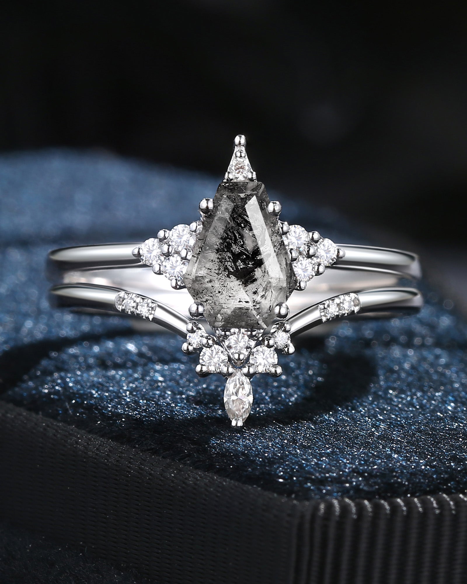 Classic Style Unique Coffin Cut Herkimer Diamond Star Cluster Engagement Ring Bridal Set 2pcs - Coffin Kite