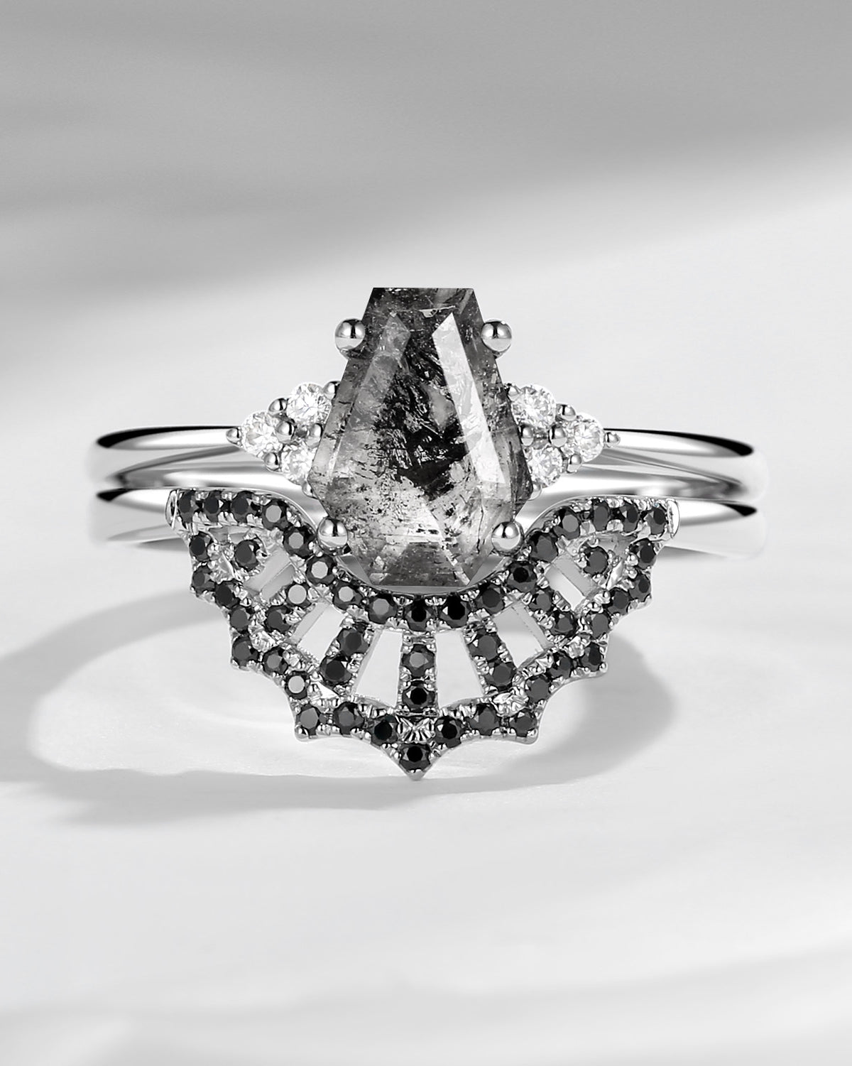 Cluster Coffin Cut Herkimer Diamond Spider Web Engagement Ring Set 2pcs