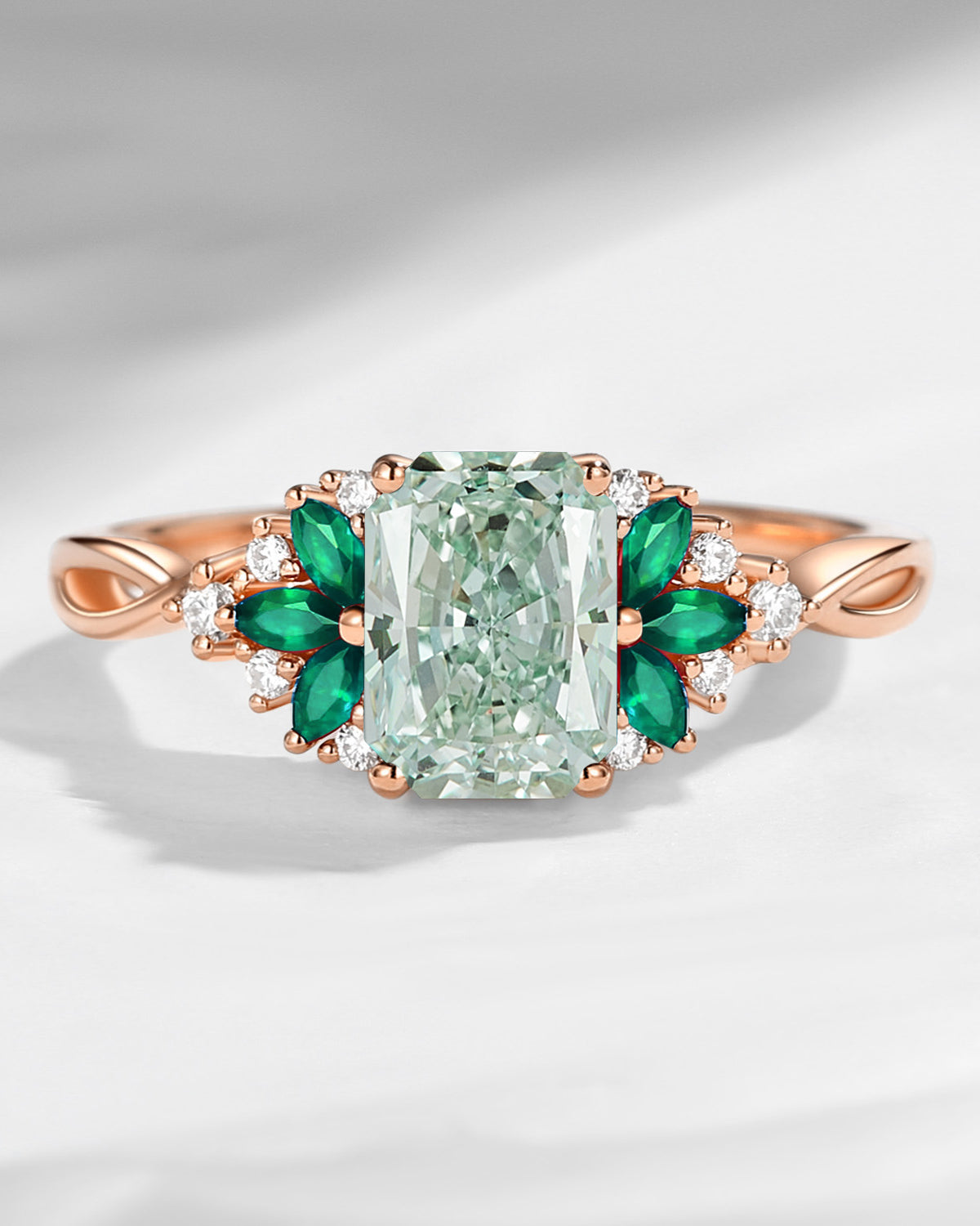 Cluster Emerald Cut Green Lab Diamond & Emerald Twist Engagement Ring