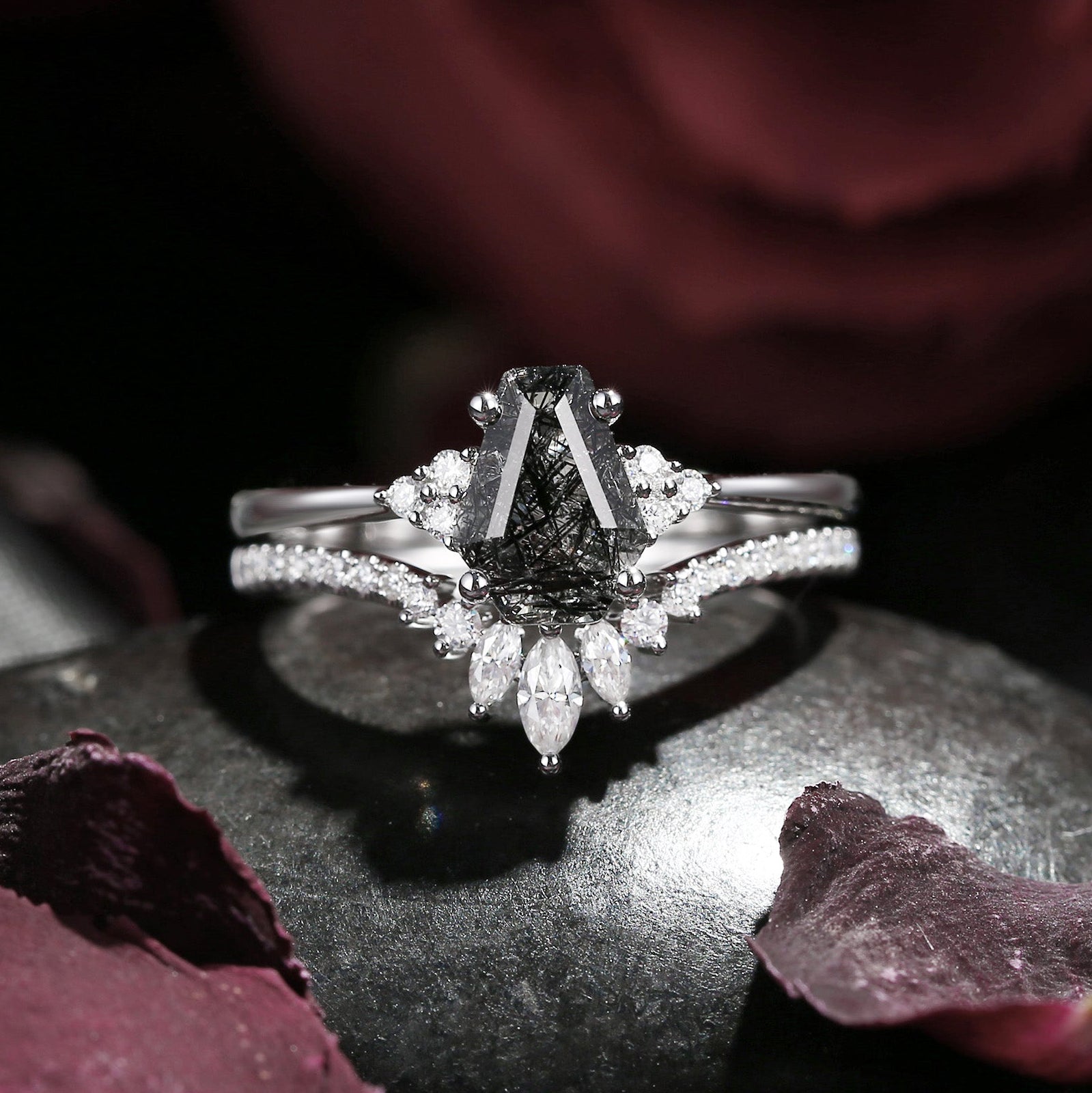Coffin Black Rutilated Quartz Engagement Ring 2PCS - White Dress