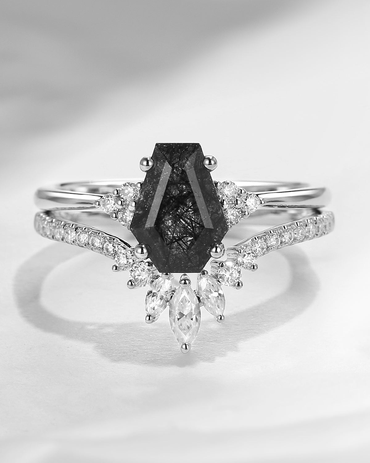 Coffin Black Rutilated Quartz  Engagement Ring 2PCS - White Dress