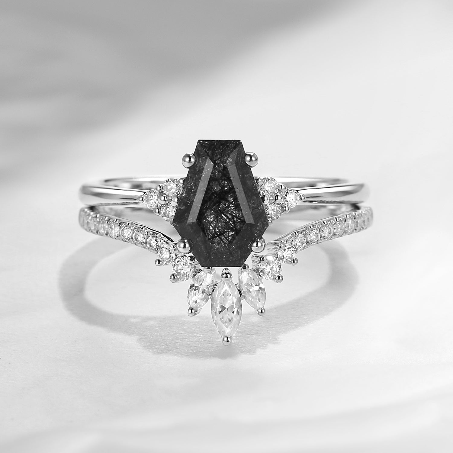 Coffin Black Rutilated Quartz Engagement Ring 2PCS - White Dress