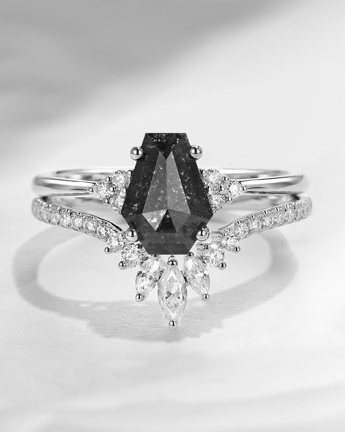 Coffin Salt And Pepper Diamond Engagement Ring 2PCS - White Dress