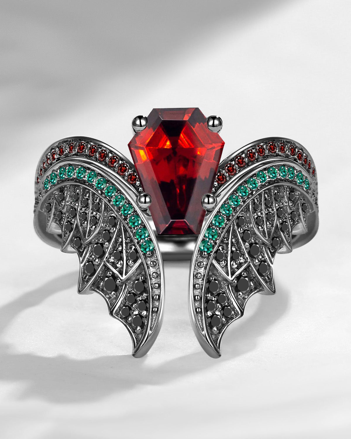 Gothic Vintage Style Coffin Cut Garnet Bat Wing Inspired Black Gold Bridal Set 2pcs - Bat Ring