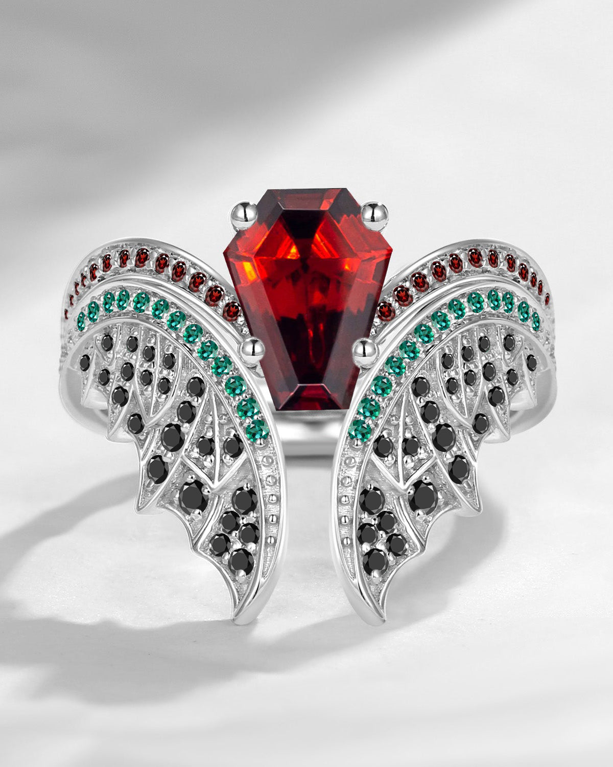 Gothic Bat Wing Inspired Coffin Cut Garnet Vintage White Gold Bridal Set 2pcs - Bat Ring