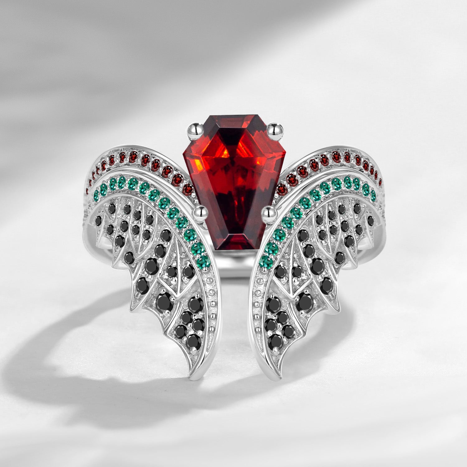 Gothic Bat Wing Inspired Coffin Cut Garnet Vintage White Gold Bridal Set 2pcs - Bat Ring