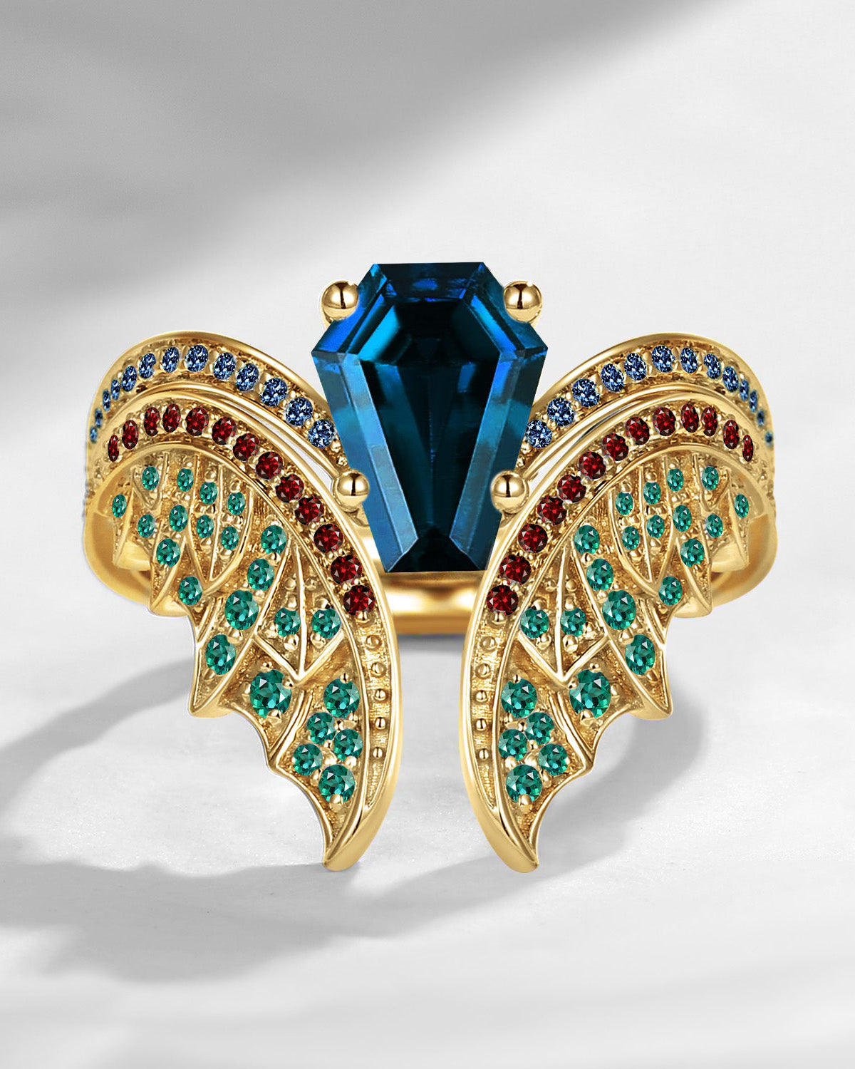 Gothic Vintage Coffin Cut London Blue Topaz Bat Wing Inspired Yellow Gold Bridal Set 2pcs - Bat Ring