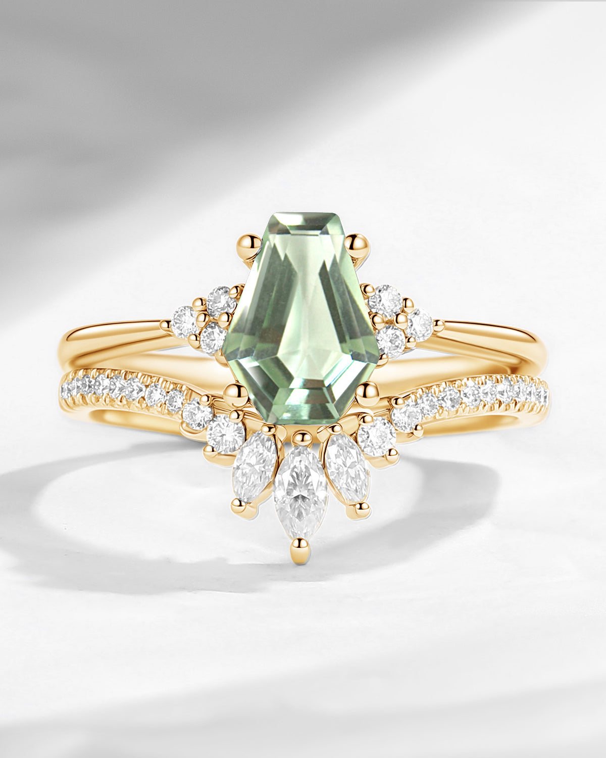 Coffin Cut Green Amethyst Cluster Engagement Set 2pcs - White Dress